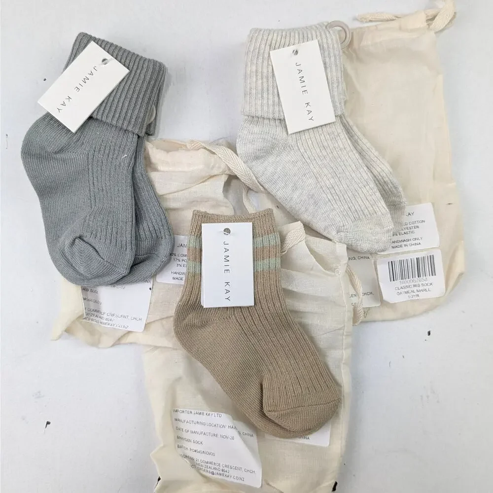 Jamie Kay 3 Pair 1-2 Year Sock Bundle Foldover Gray & Oatmeal Brayden Bronzed